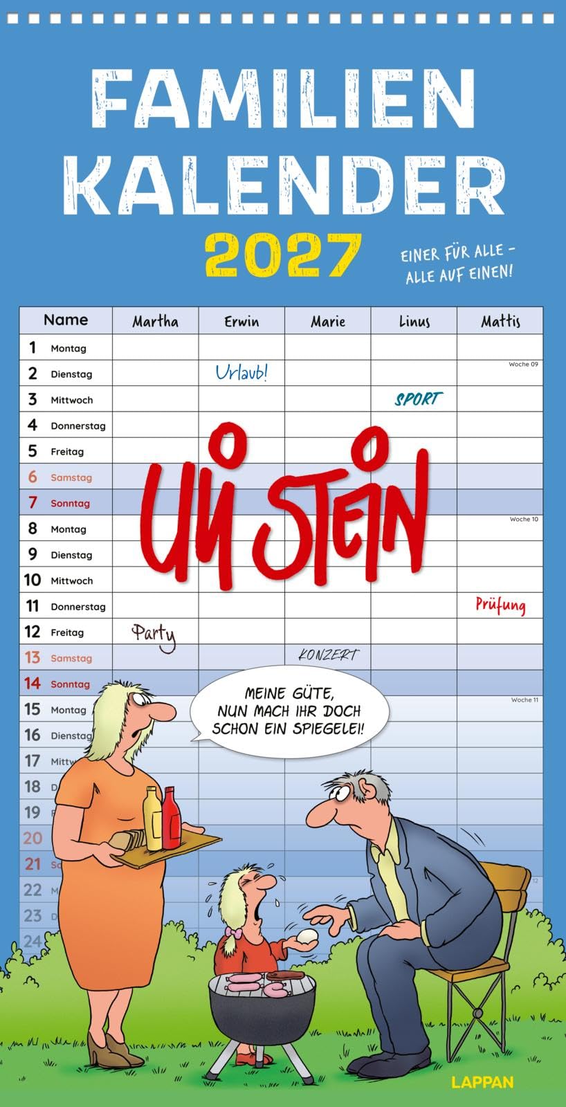 Uli Stein Familienkalender 2027: Familienplaner mit 5 Spalten: Großer Wandkalender im Hochformat mit Spiralbindung