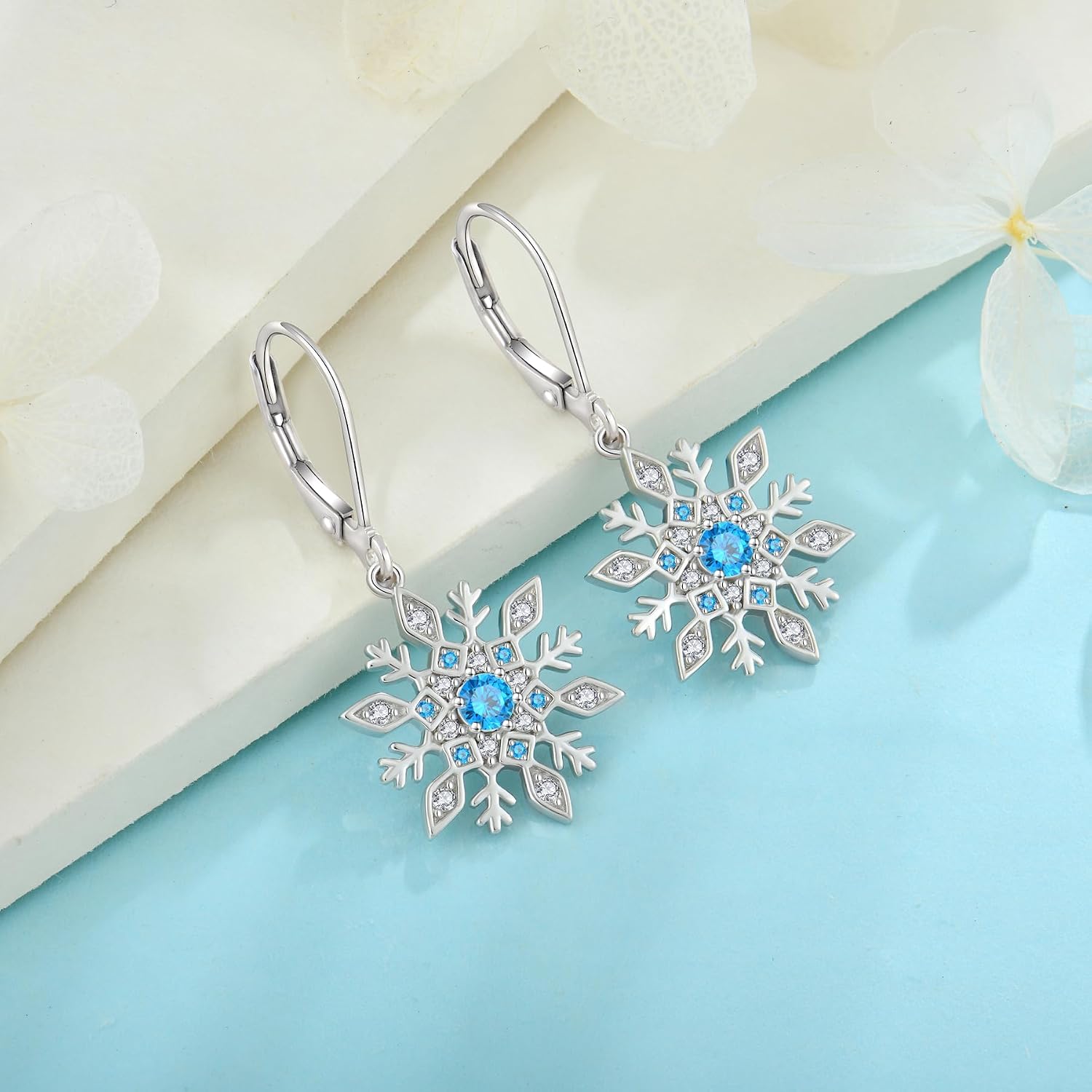 Snowflake Necklace Earrings 925 Sterling Silver Aquamarine March Birthstone Jewelry Set Christmas for Her