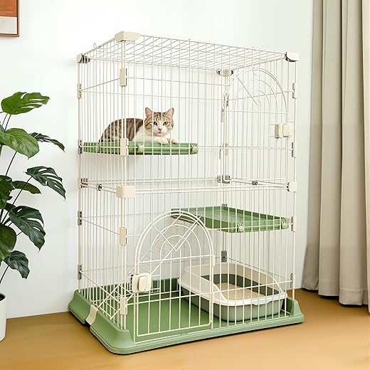 Cat Cage for Indoor Cats, DIY 2-Tier Catio & Cat Playpen with Escape-Proof Spacing, Sturdy Metal Cat Crate Kennel for Kittens, Ferrets & Small Animals (Green, Two-Tier35)