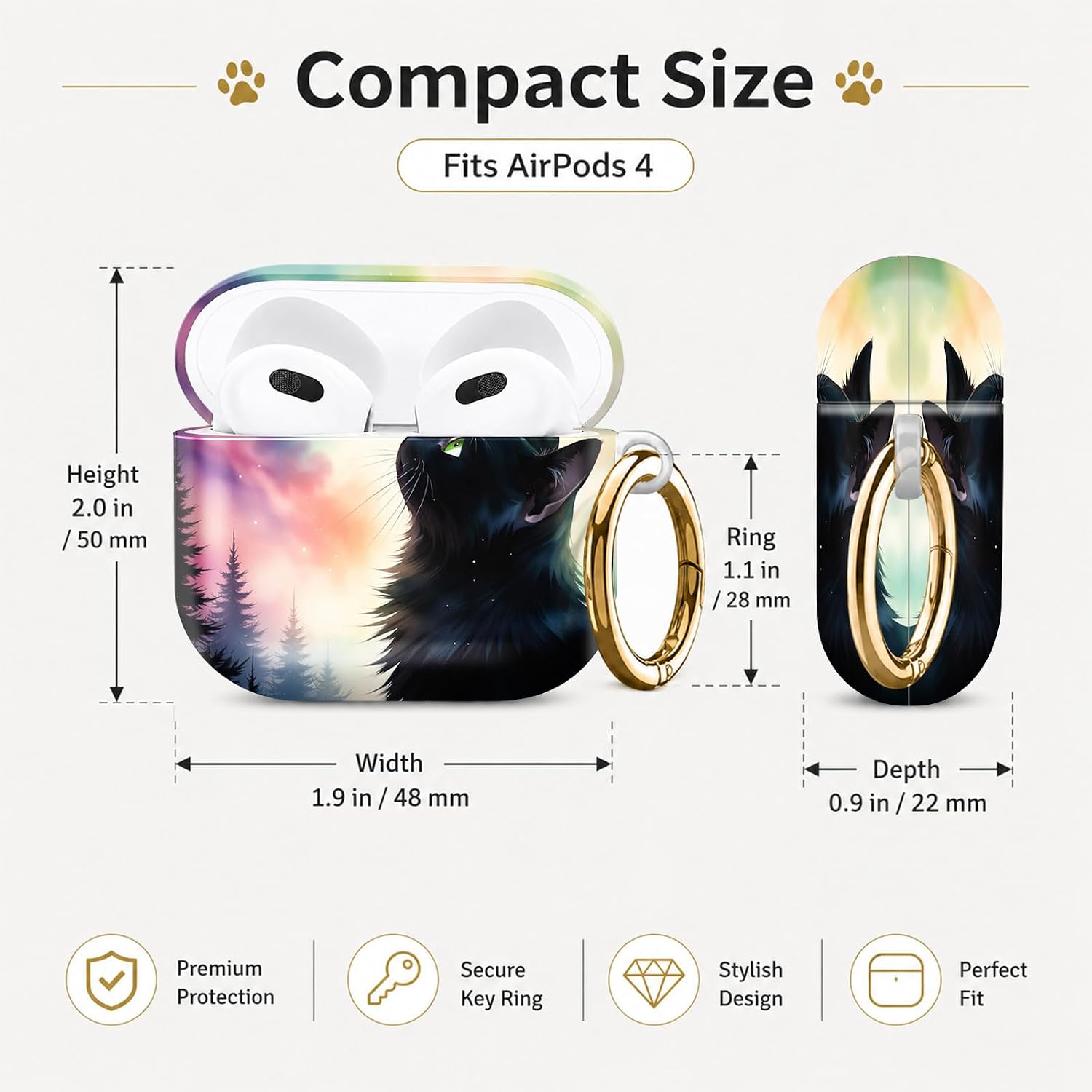 Compatible with AirPod 4 Case 2024 Hard Shell Protective Cover for Airpod 4th Generation with Gold Ring Keychain Shockproof Anti-Scratch Case for Women Men(Mystic Forest Cat) image 5