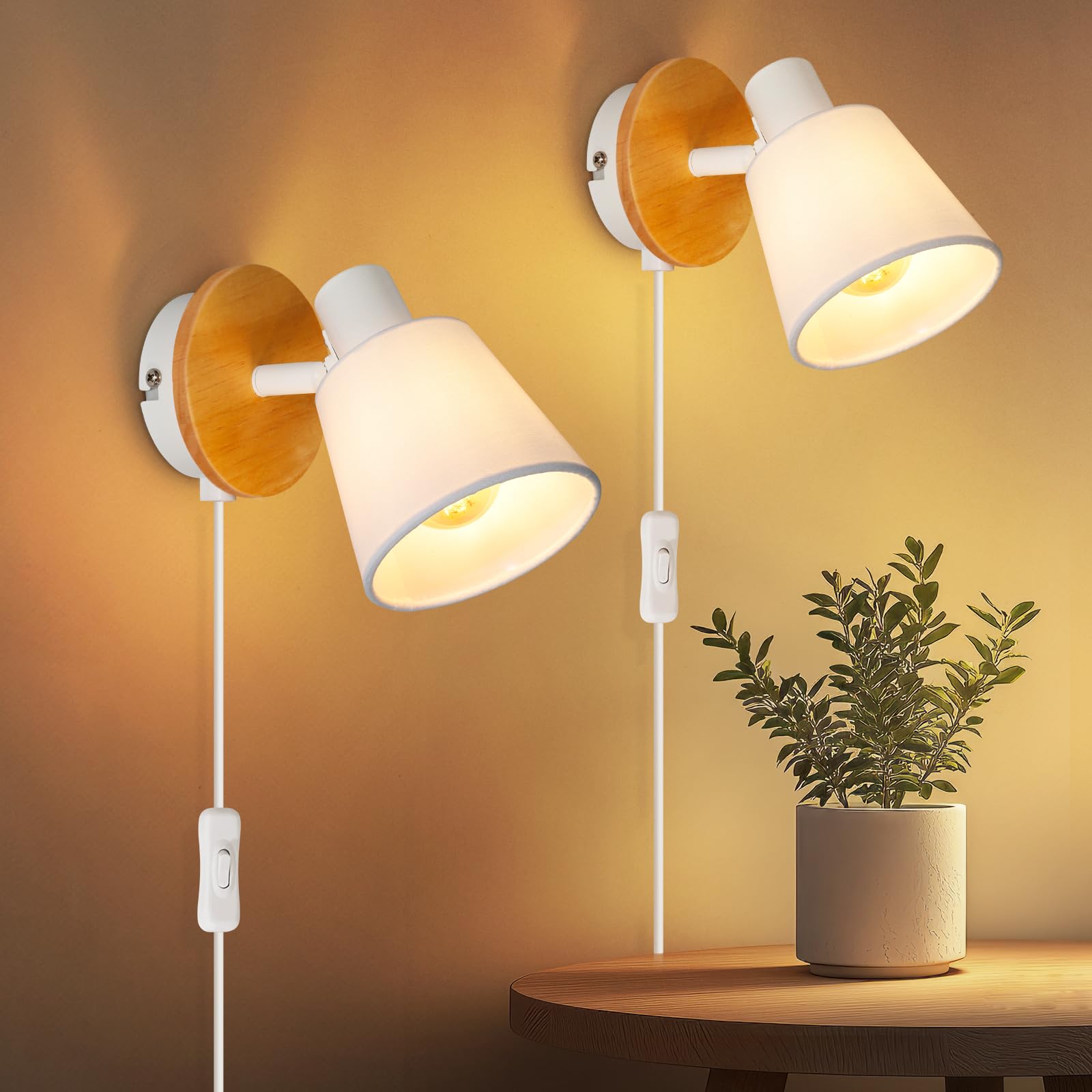 Ketom 2 Piezas Lámpara de Pared Interior, Blanco Aplique de Pared Retro, E14 Foco Giratorio y Ajustable, Lampara de Pared con Cable de Enchufe e Interruptor Para Dormitorio y Pasillo, Sin bombilla