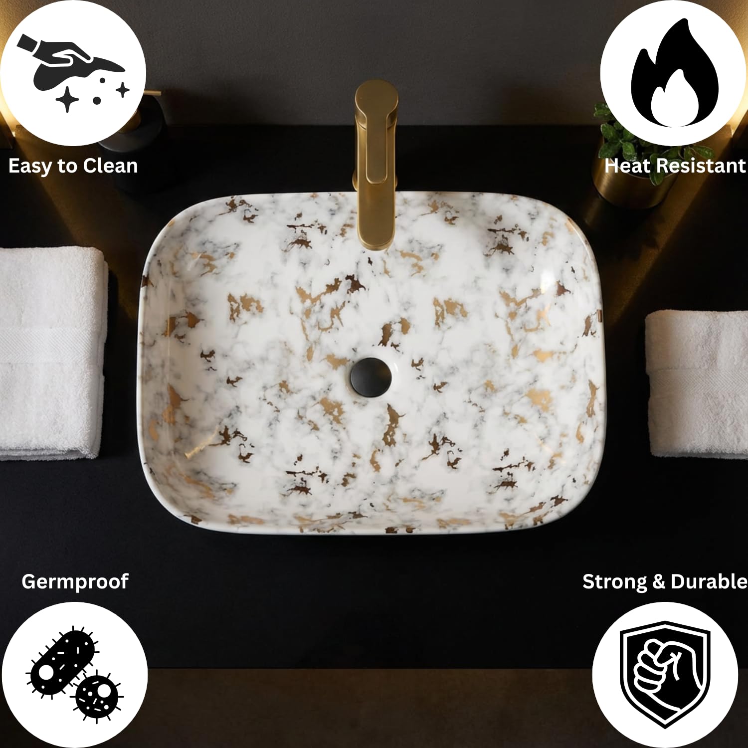 Well Set Designer Ceramic Table Top Wash Basin | White & Yellow Marble Pattern Countertop Sink | Bathroom Vessel Basin | Glossy Finish | 18 x 13 x 5.5 Inch 2