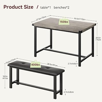 3 Piece Dining Table Set, Kitchen Table and Benches for 4, Rectangular Dining Room Table Set with 2 Upholstered Benches, Dining Table Set for Small Space, Apartment, Retro Gray
