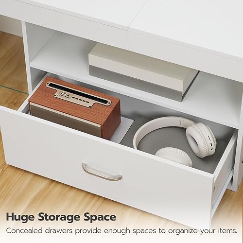 Miniatura 8 de HOOBRO Soporte de TV LED con tomas de corriente para TV de 65 pulgadas, centro de entretenimiento para videojuegos con estantes de vidrio y cajón