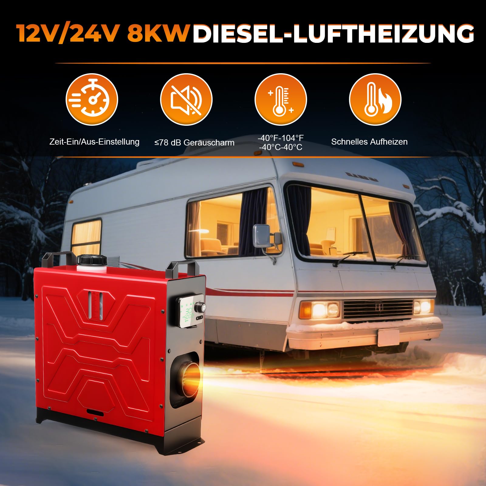 8KW Diesel Standheizung, 12V/24V Luft Dieselheizung mit APP & Fernbedienung, All in One Lufterhitzer mit Schalldämpfer für Auto Wohnmobil RV Boote LKW KFZ mit LCD-Anzeige