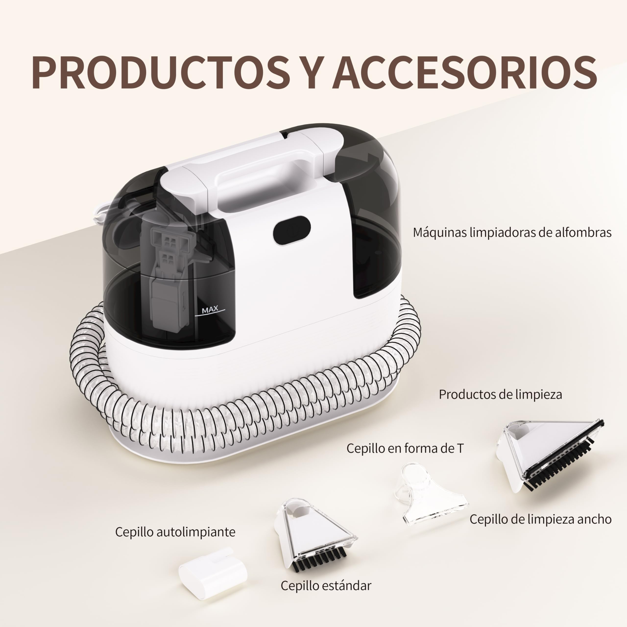 Aspiradora de Agua para Tapicerías, Limpiador Húmedo de Sofás, Alfombras y Colchones, Motor 500W Succión 18kPa, Depósitos Dobles, Cepillos Multiusos para Limpieza Profunda de Manchas en Hogar y Coche
