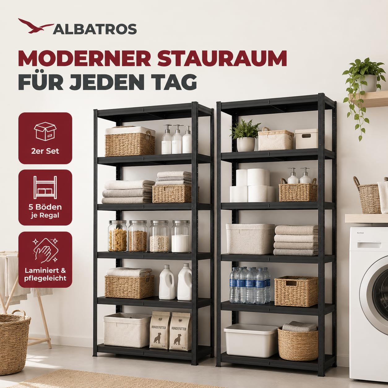ALBATROS SR2B Premium Schwerlastregal Schwarz 2er Set – 875 kg belastbar, wasserfest, Matte laminierte Böden, 5 verstellbare Ebenen, teilbares Steckregal 180x90x40 cm, Stahlregal inkl. 2 Haken