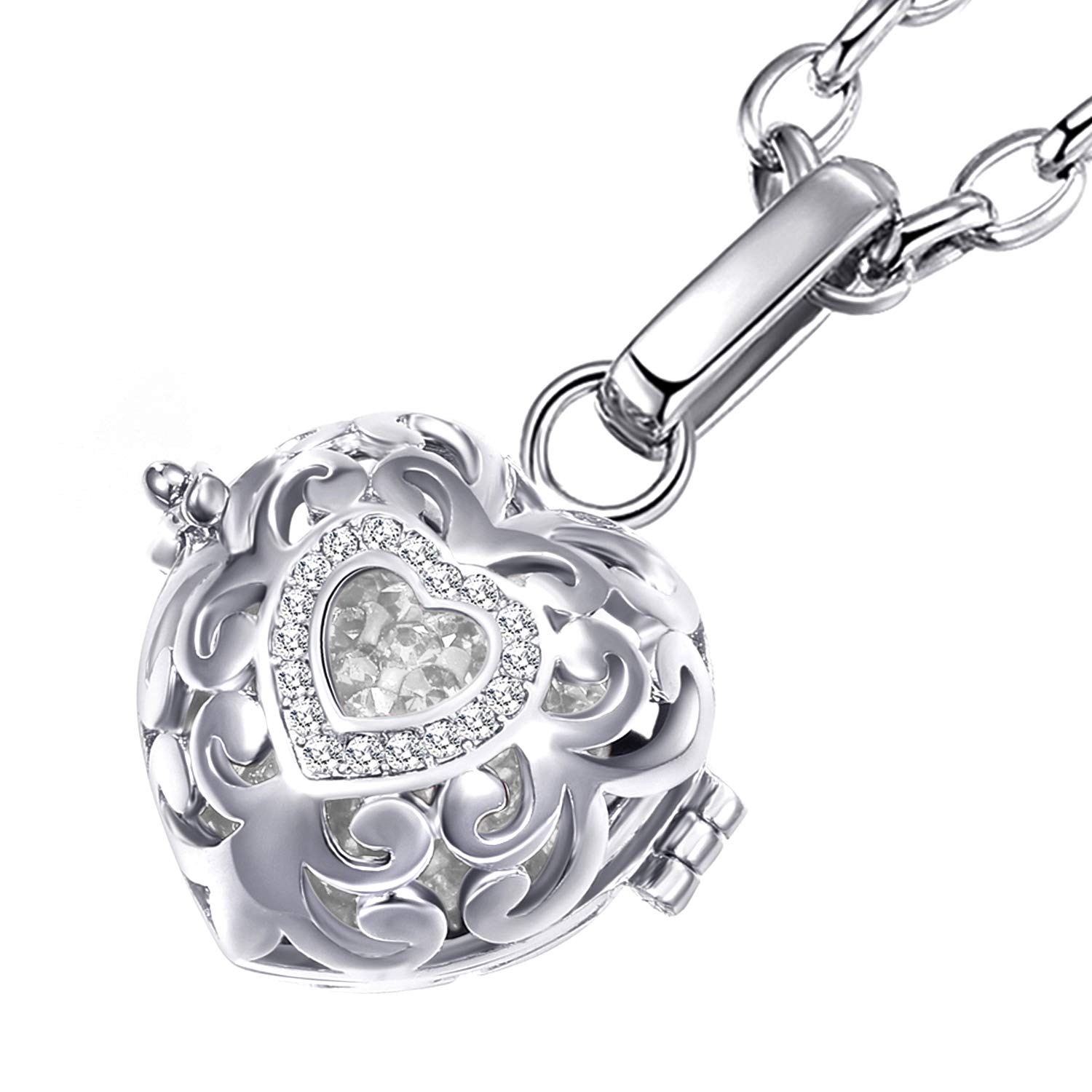 Morella Catenina Donna Angelo Custode in Acciaio Inox 70 cm con Ciondolo Cuore-Amore e Sfera zirconi Bianchi Ø 16 mm in Sacchetto di Velluto