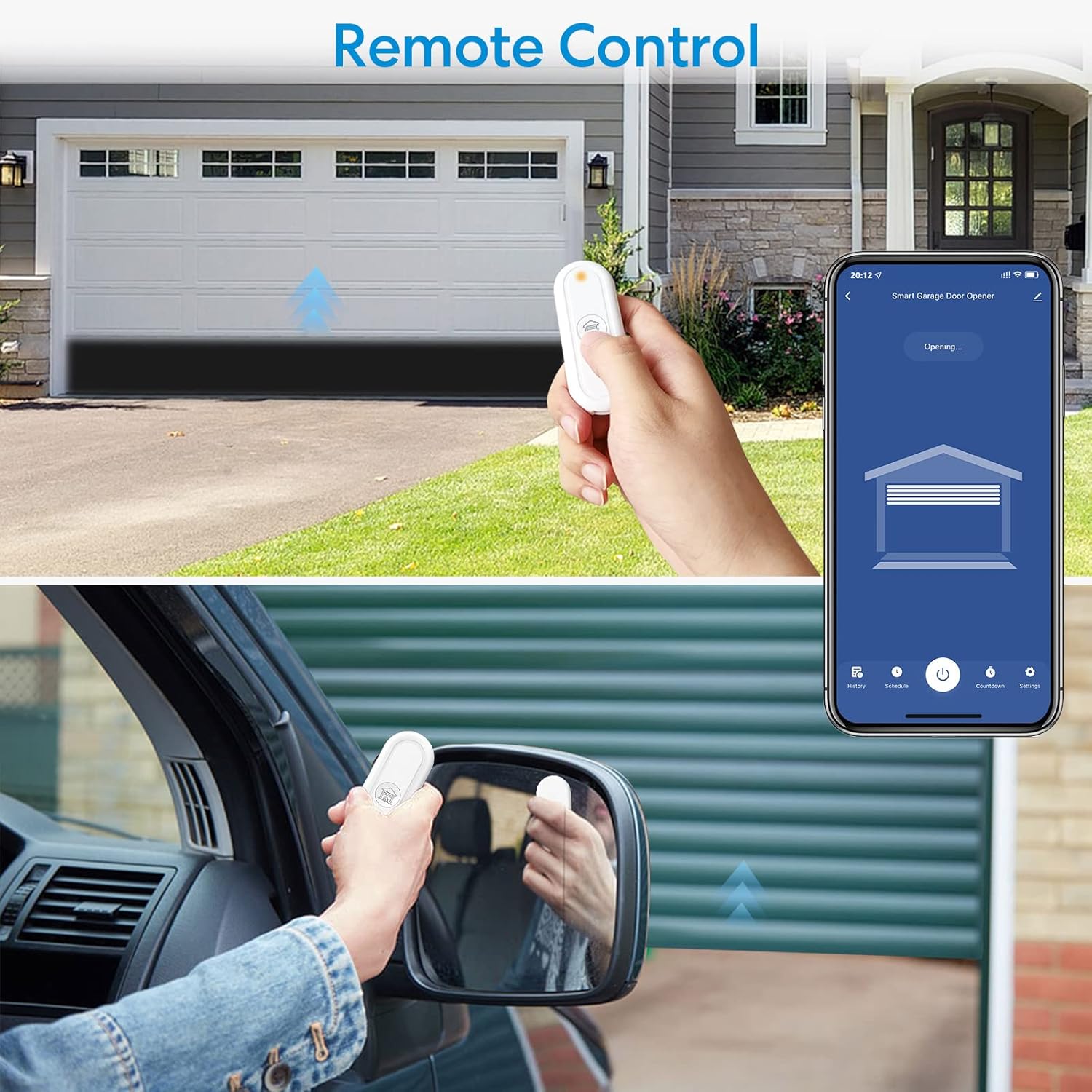 Person using the wireless remote control to open a garage door
