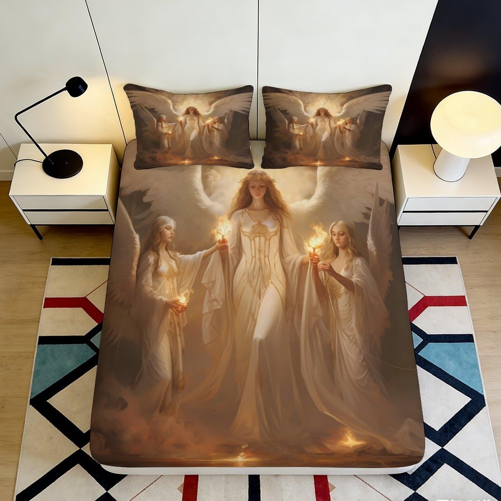 3D Printed Angel Fantasy Fitted Sheet Microfiber Soft Beige Heavenly Light Mattress Cover for Bedroom Dorm Decor 90x200x25cm