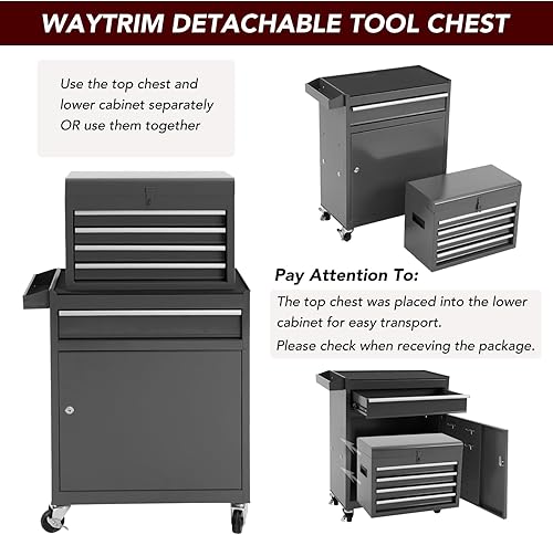 Miniatura 4 de WAYTRIM 5-Drawer Rolling Tool Chest, Removable Tool Cabinet Box with Wheels and Drawers, Tool Cabinet Storage Box, Adjustable Shelf, Portable with