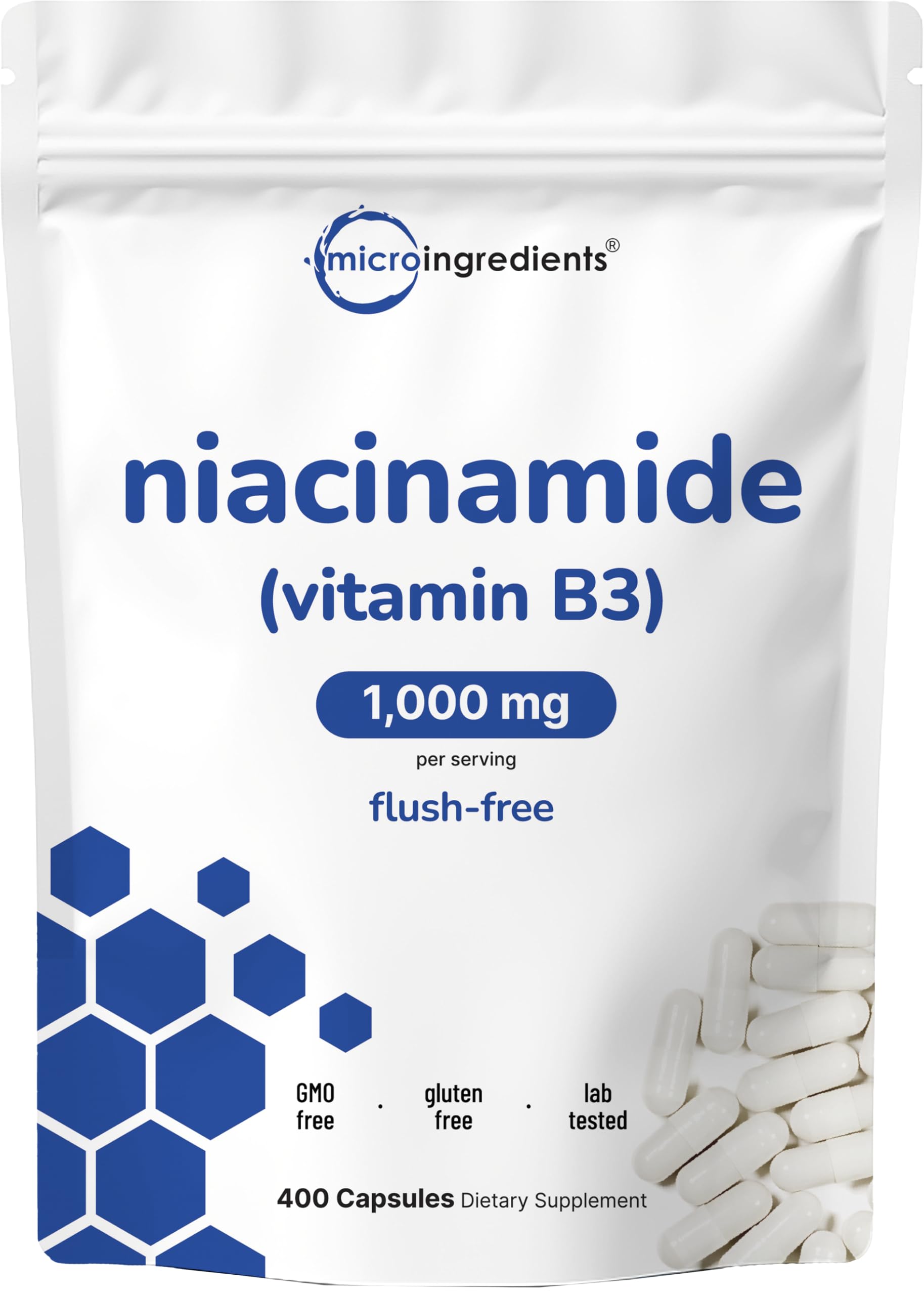 Vitamin B3 Niacinamide 500mg Per Capsule, 400 Capsules | 1,000mg Flush Free Niacin Per Serving, Essential B Vitamin Supplement | Skin Care Health & Energy Support | Non-GMO, Gluten Free