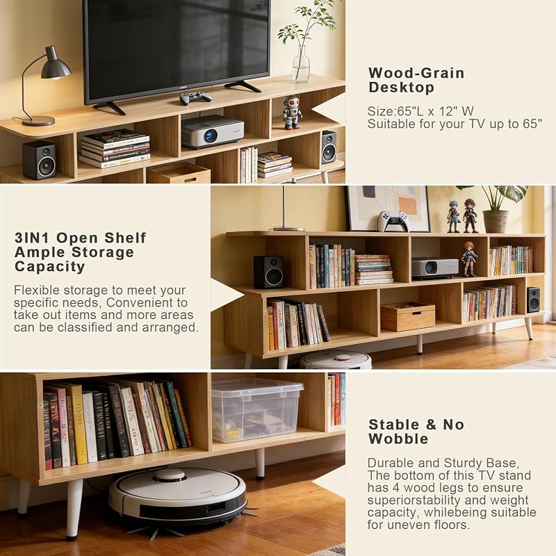 Lightdot 65" TV Stand Fits TVs Up to 75 Inch, Modern Entertainment Center with Power Outlet & Open Storage Shelves, Sofa Cabinet Media Console, Easy Assembly TV Table for Living Room,Bedroom,Walnut image 5