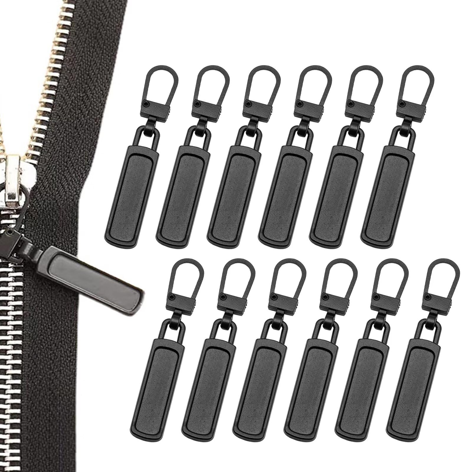 Issang Black Spare Zipper Pull, Metal Zipper Tabs, 12 Pcs Replacement Zippers Pull Tabs - Removable For Purse, Clothes, Jeans, Luggage