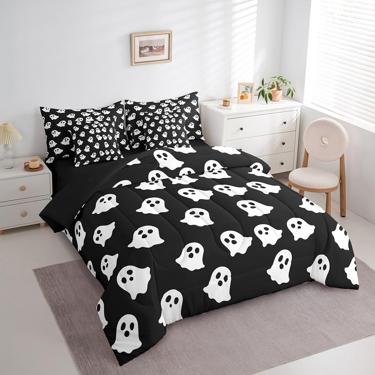 Feelyou Happy Halloween Full Comforter Set with Sheets Cute Cartoon Ghost Bed in a Bag for Kids Teens Adults Horror Theme 7 Pieces Bedding Set Witchcraft Bed Set Room Decor