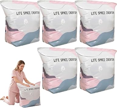 5PCS No Pump 3D Vacuum Storage Bags, Press and Seal Compression Bags, Reusable Large Vacuum Storage Bags Vacuum Pack Bags for Clothes, Duvets, Bedding, Travel and Home Organisation, M-70x50x30cm