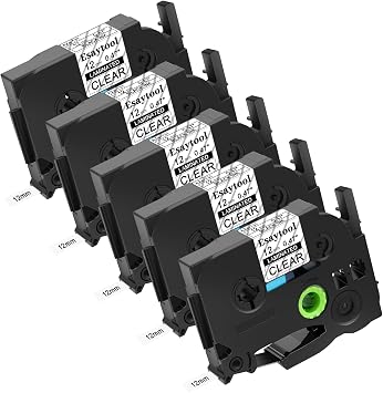 5 X Compatible with P-Touch TZe-131 AZE-131 TZ-131 Black on Clear 12mm 0.47 Laminated Label Tape Replacement for Ptouch PT-H100 PT-D200 PT-P700 PT-1000 PT-2030 Label Maker