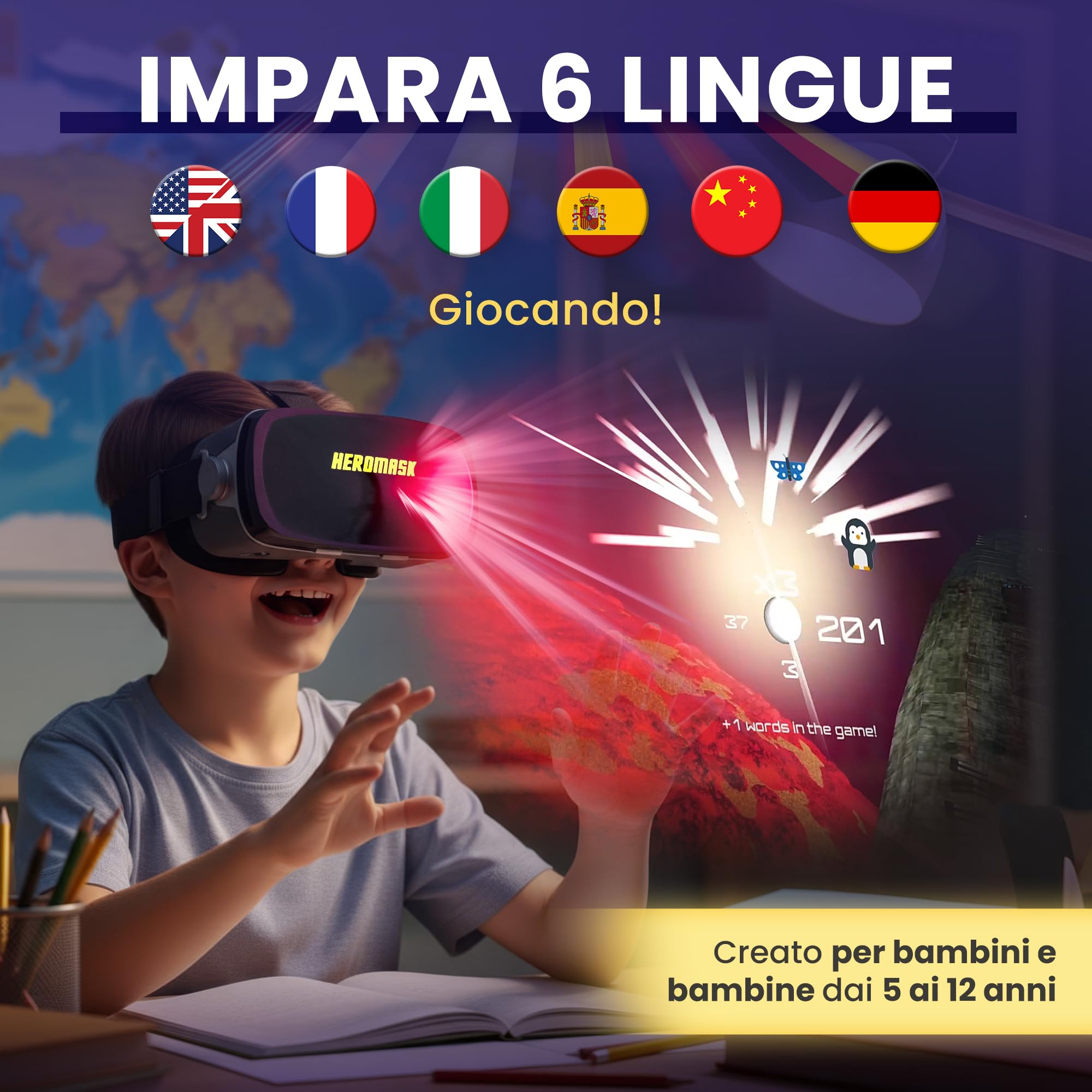 Heromask: Visore Realtà Virtuale Bambini + Giochi Educativi Inglese, Spagnolo... [ Regali Originali ] - Giocattoli Bambino 5 6 7 8 9 10 11 12 Anni - VR Occhiali 3D Realtà Virtuale