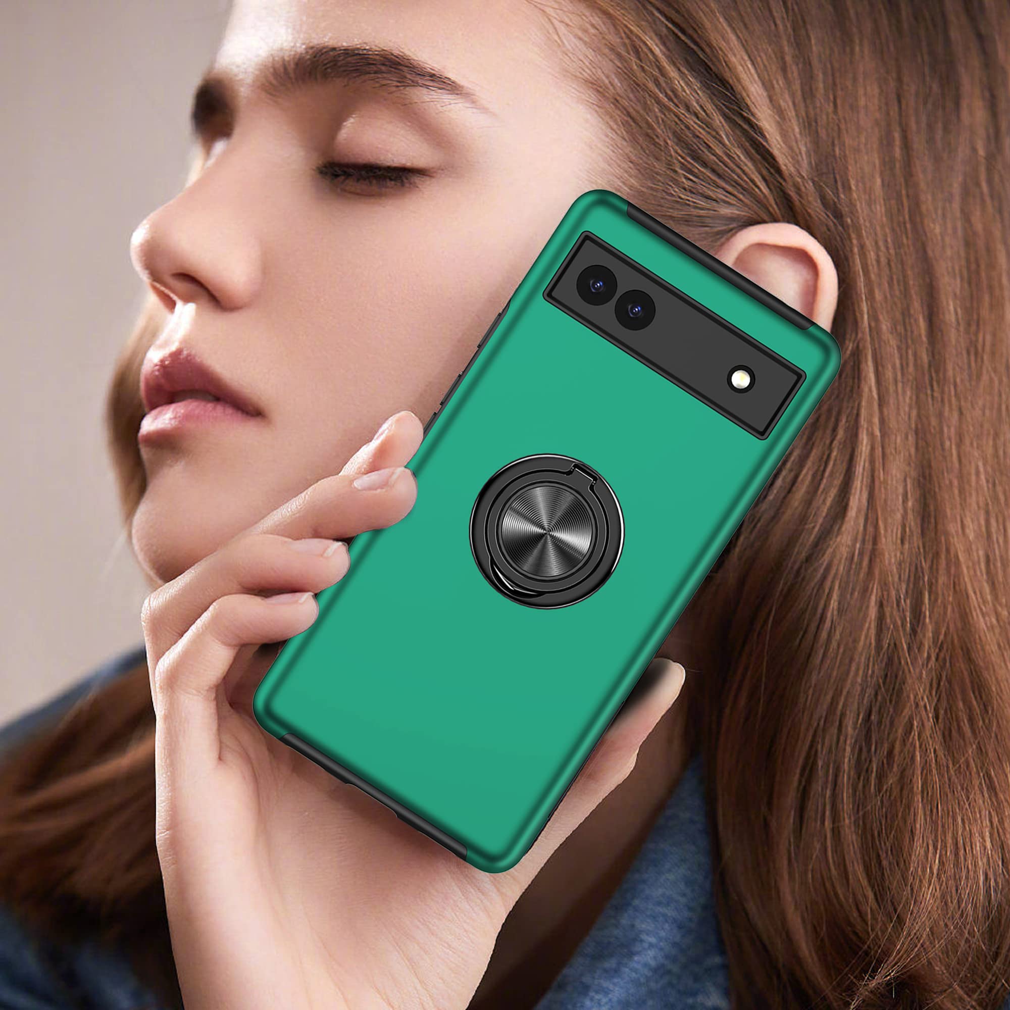 For Google Pixel 6 Hybrid Dual Layer TPU Hard PC Anti-Slip Full-Body Rugged Protective With Ring Stand Magnetic Kickstand Phone Case Cover By Xpression [Blue