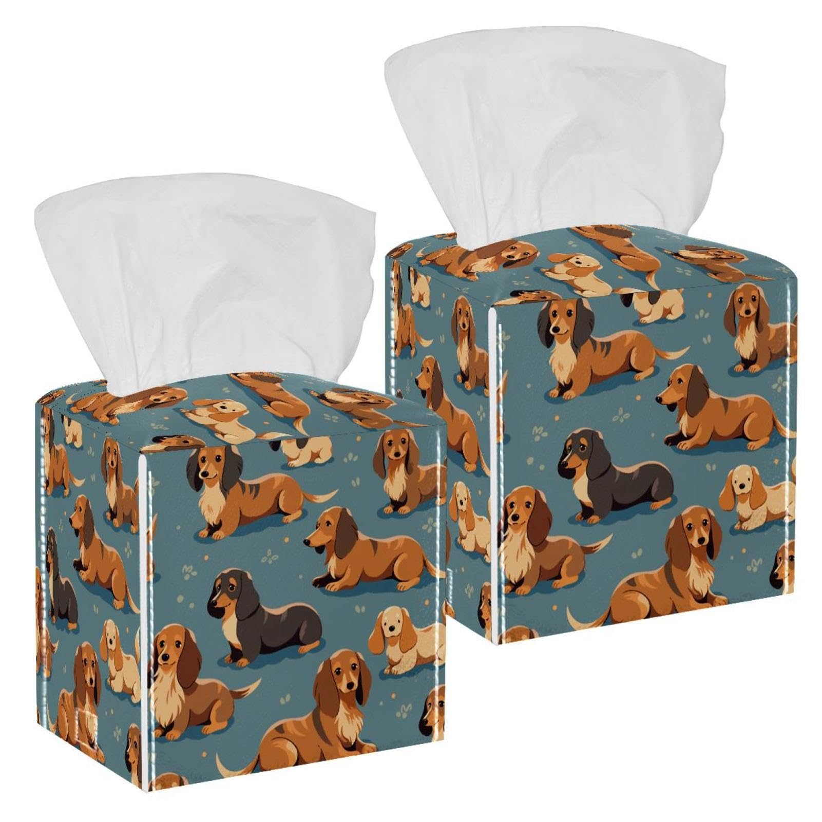 Cartoon Dog Tissue Box Cover, 2 Pack PU Leather Square Facial Tissue Dispenser Box holder for Home Office Car