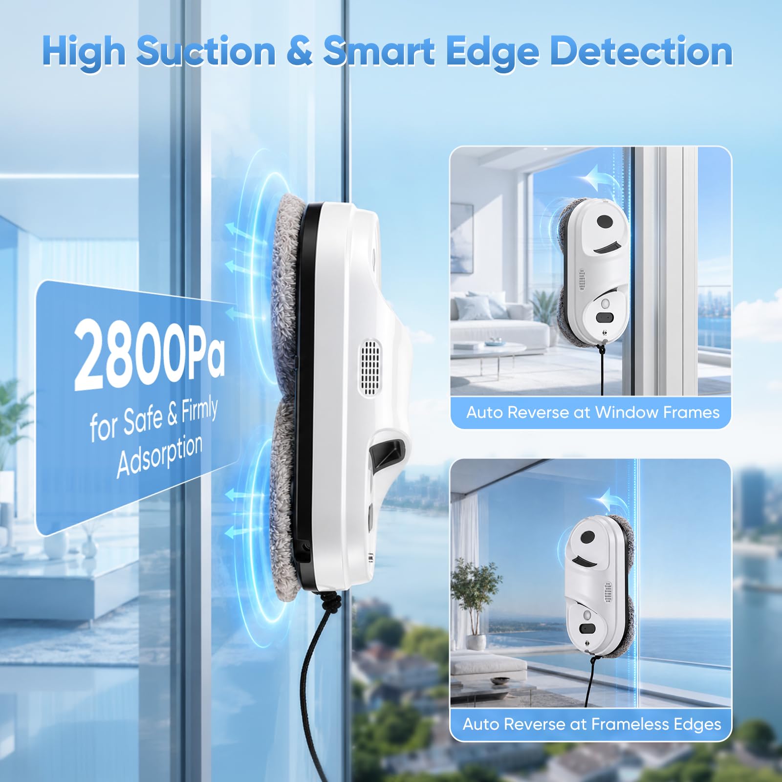 Robot limpiacristales 2800 PA 0.25m/min, Robot limpiador de ventanas | con sistema doble pulverización mejorado, 3 Modos de Limpieza Limpia Cristales electrico Ventanas Limpiador Ventanas