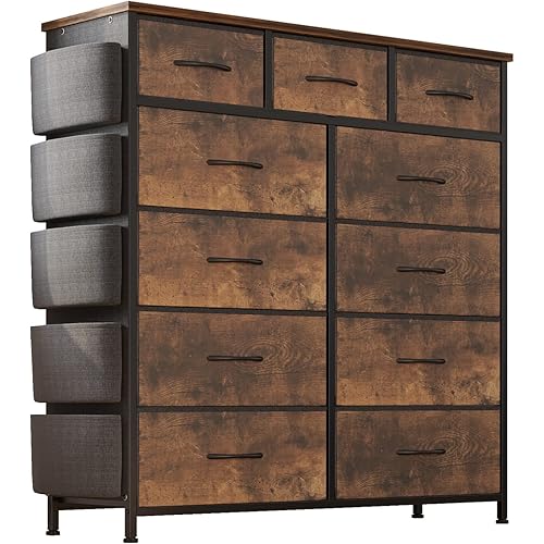 11 Drawer Fabric Storage Dresser for Bedroom Organization, Chest of Drawers with Deep Shelves, Side Pockets & Hooks, Sturdy Steel Frame & Wood Top, Baby/Kids Closet Organizer Unit
