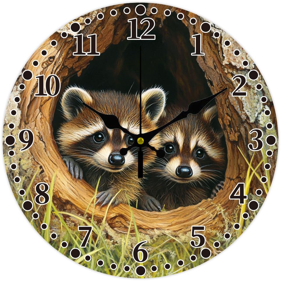 CHGCRAFT Raccoon Wall Clock 12 Inch Battery Operated en Wall Clock Tree Hole Non Ticking Silent Decorative for Living Room Office Bedroom Home Decor