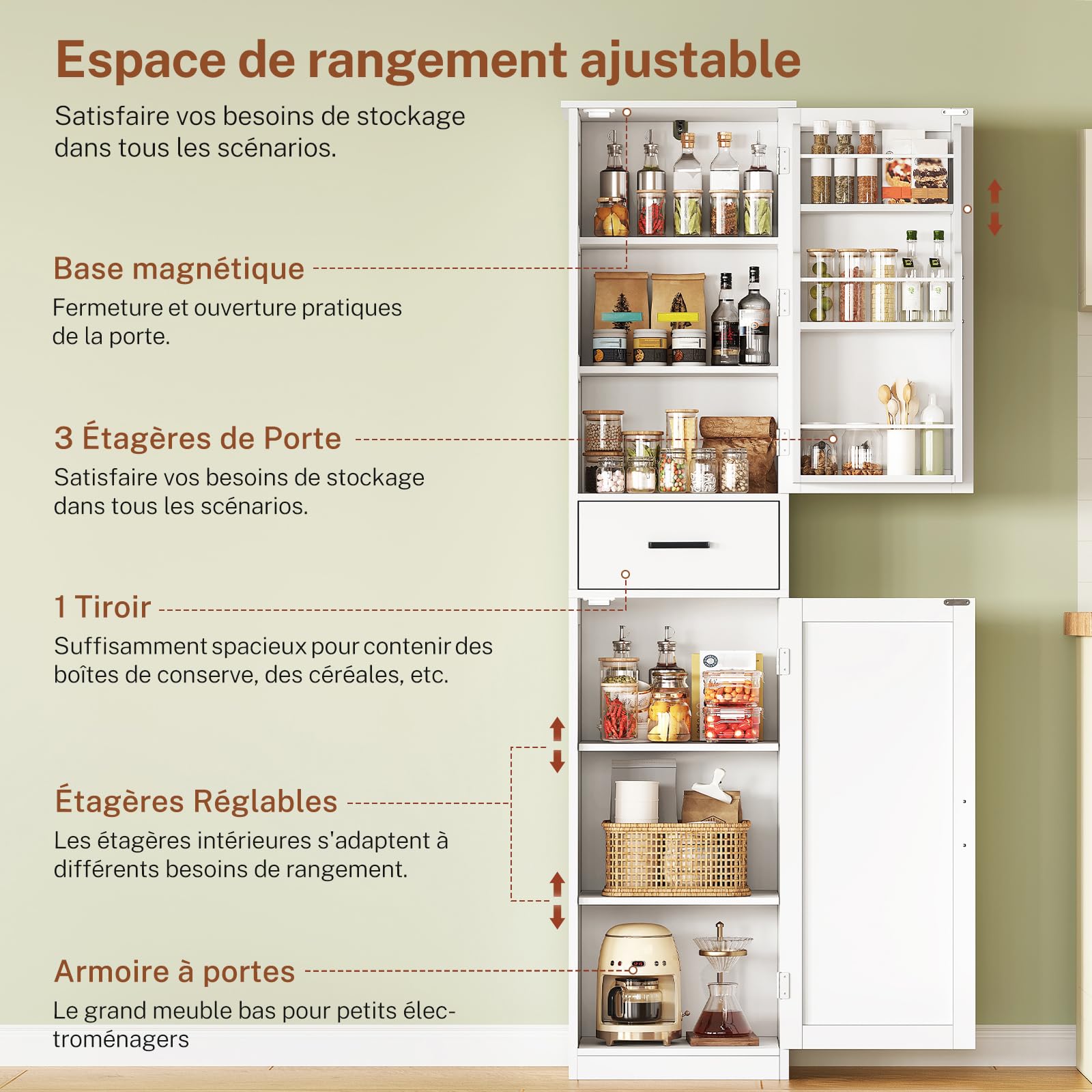 TEENFON Colonne de Cuisine 40 cm, Armoire Haute Étroite Rangement, Meuble Colonne avec 1 Tiroir et Étagères Réglables, Buffet Haut pour Cuisine, Salle à Manger, Blanc 40x30x170 cm