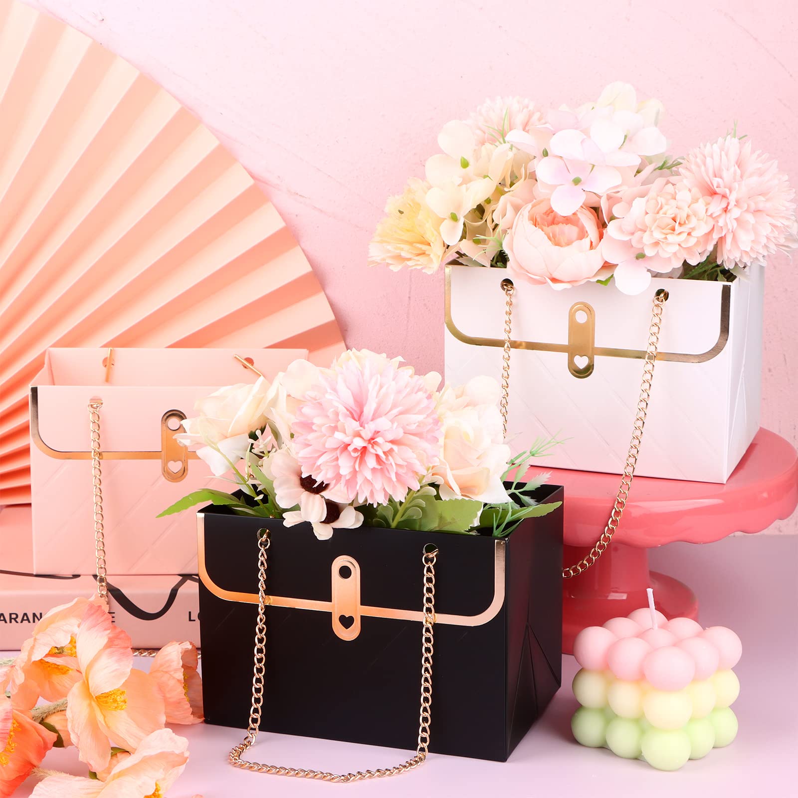 Blumen-Papier-Geschenktüten Mit Metallkette – 4er-Set In 3 Farben (Rosa, Weiß, Schwarz), 15x10x10,5 Cm