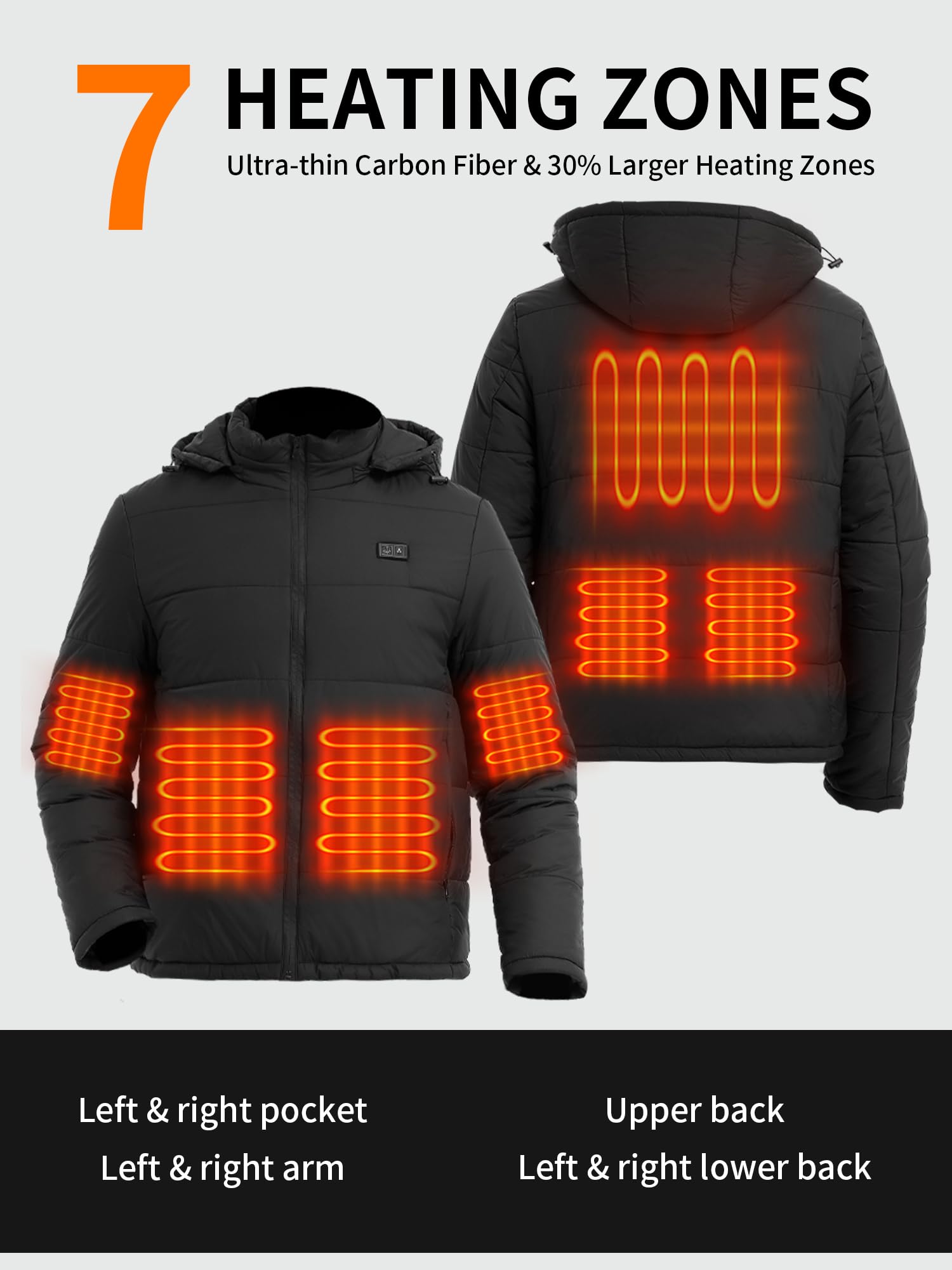 Coldbling Heated Jackets for Men Women with 7.4V Battery Pack Included, Lightweight Heated Jacket with Detachable Hood, 7 Heat Zones Water Resistant Winter Coat for Hunting Skiing, L