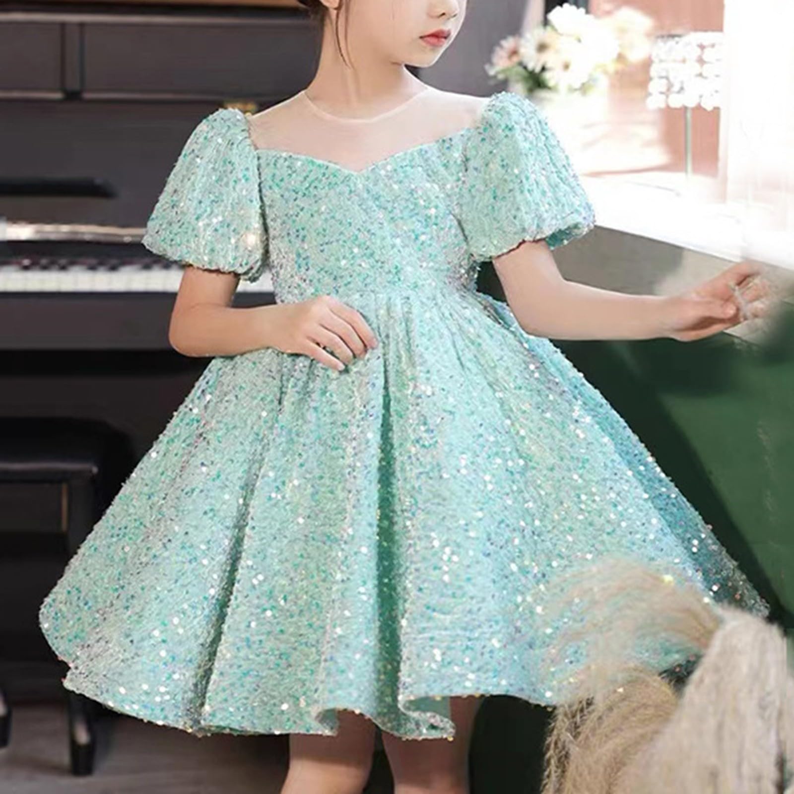 Blumenmädchen-Partykleid Pailletten-Festzugtutu Tüllkleid A-Linie Puffy Fransenkleid Elegantes Festkleid Prinzessin Tanzoutfit Brautjungfer Ballkleid Passend für Hochzeit Geburtstag Taufe
