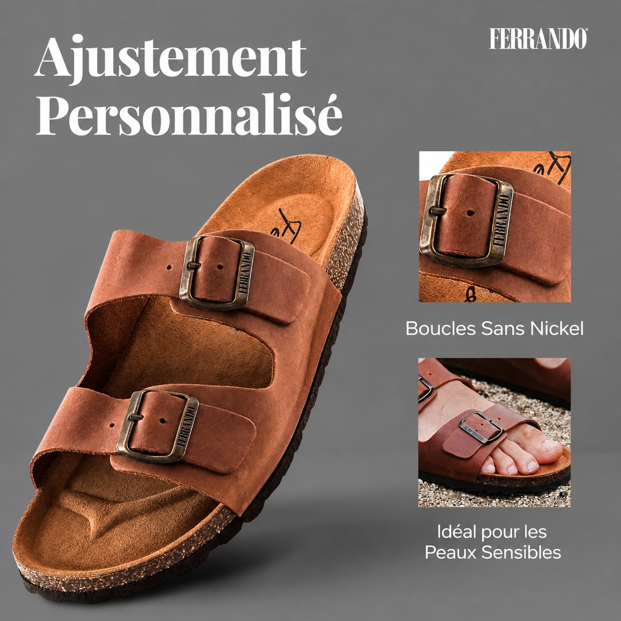 Sandales pour homme en cuir nubuck bio anatomiques confortables en liège naturel été respirantes antidérapantes sabot mules piscine pantoufles plage boucles réglables sans nickel EVA fabriquées en