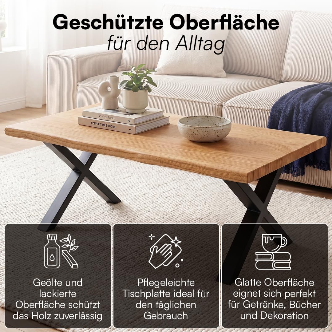 skølm Orm Couchtisch 110x55 cm, Eiche massiv, echte Baumkante, X-Gestell