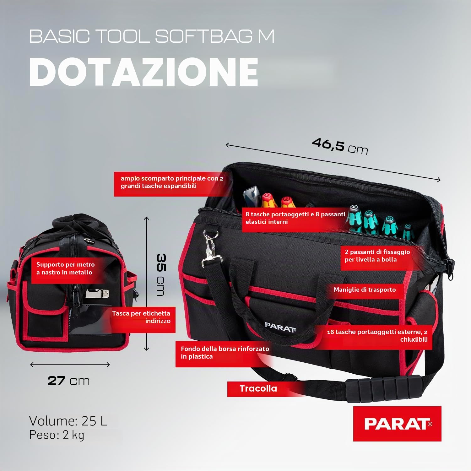 PARAT Basic Tool Softbag M | Borsa per attrezzi con volume di 25 l e 33 scomparti per attrezzi, robusta borsa per attrezzi in nylon con tracolla e maniglie, borsa per attrezzi professionale per