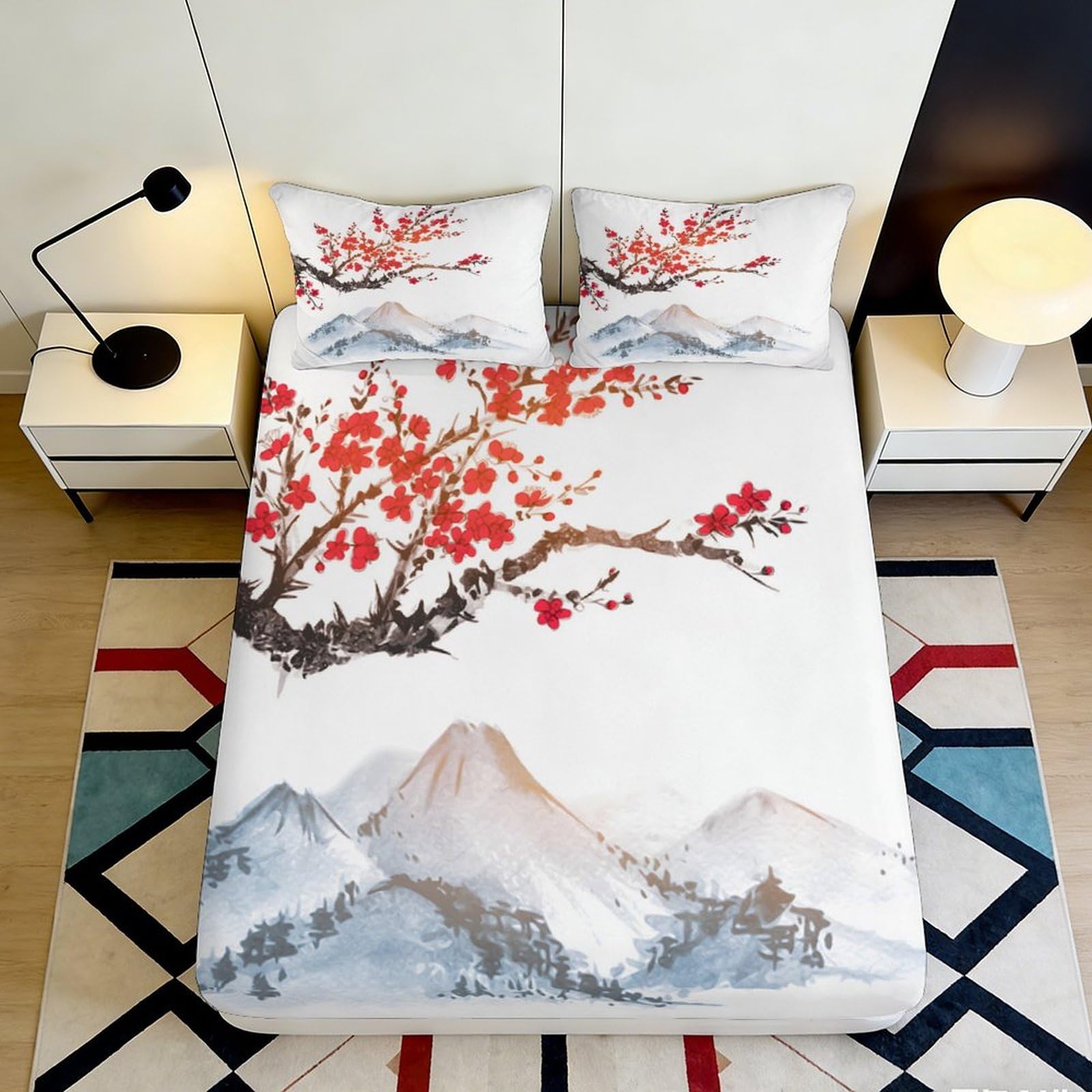 3D Printed Cherry Blossom Mountain Fitted Sheet Microfiber Soft Bed Cover for Bedroom Dorm Home Decor 90x200x25cm