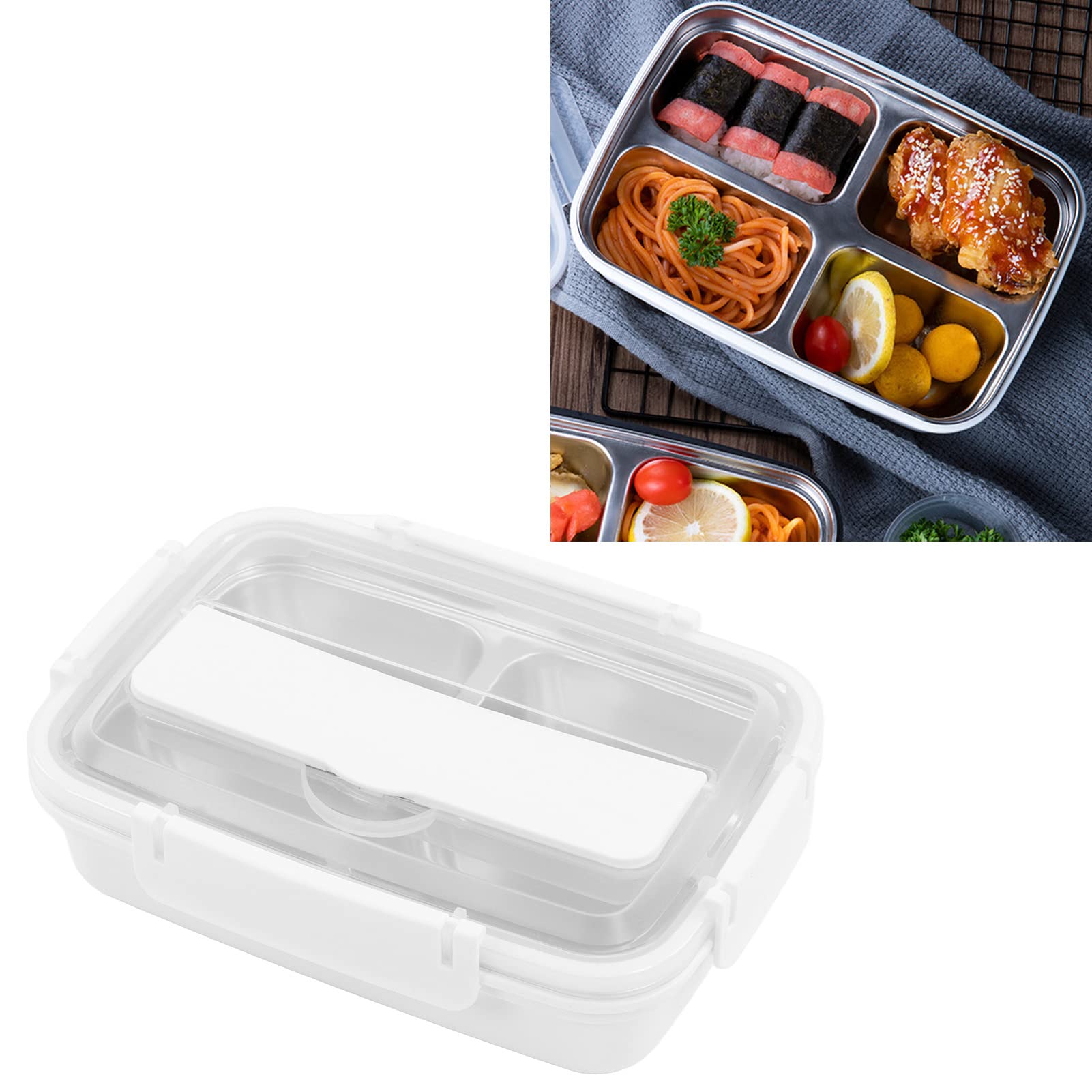 Boîte à lunch Boîte à lunch en acier inoxydable à 4 compartiments, vaisselle portable, légère et compacte(White)