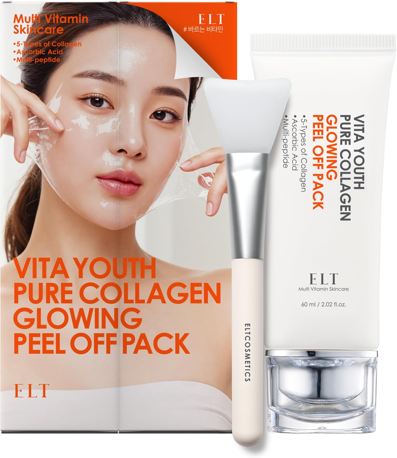 ELT Collagen Peel Off Face Mask Pack - Korean Wrapping Face Peel Mask - Hydrating & Firming Facial Mask with 5 Types of Collagen, 8 Peptides, Silicone Brush Included (60 ml / 2.02 fl.oz)