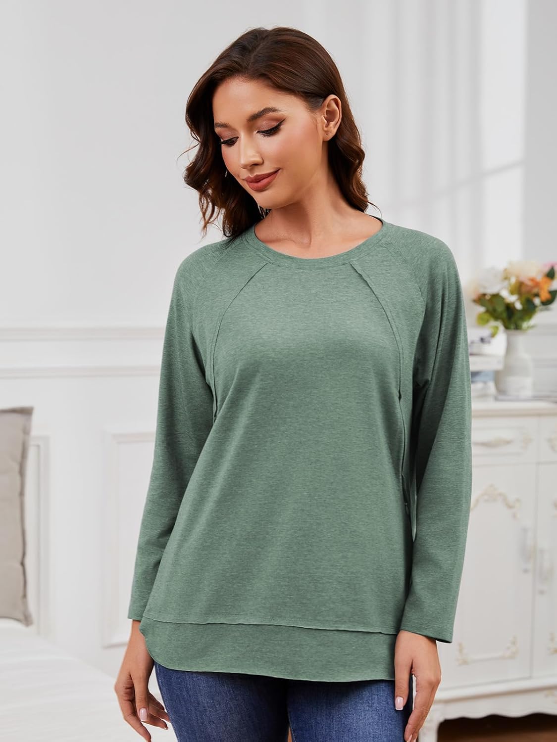 Ecavus Women's Nursing Shirts for Breastfeeding with Zipper Long Sleeve Defined Seams Comfortable Breastfeeding Shirts - Image 4