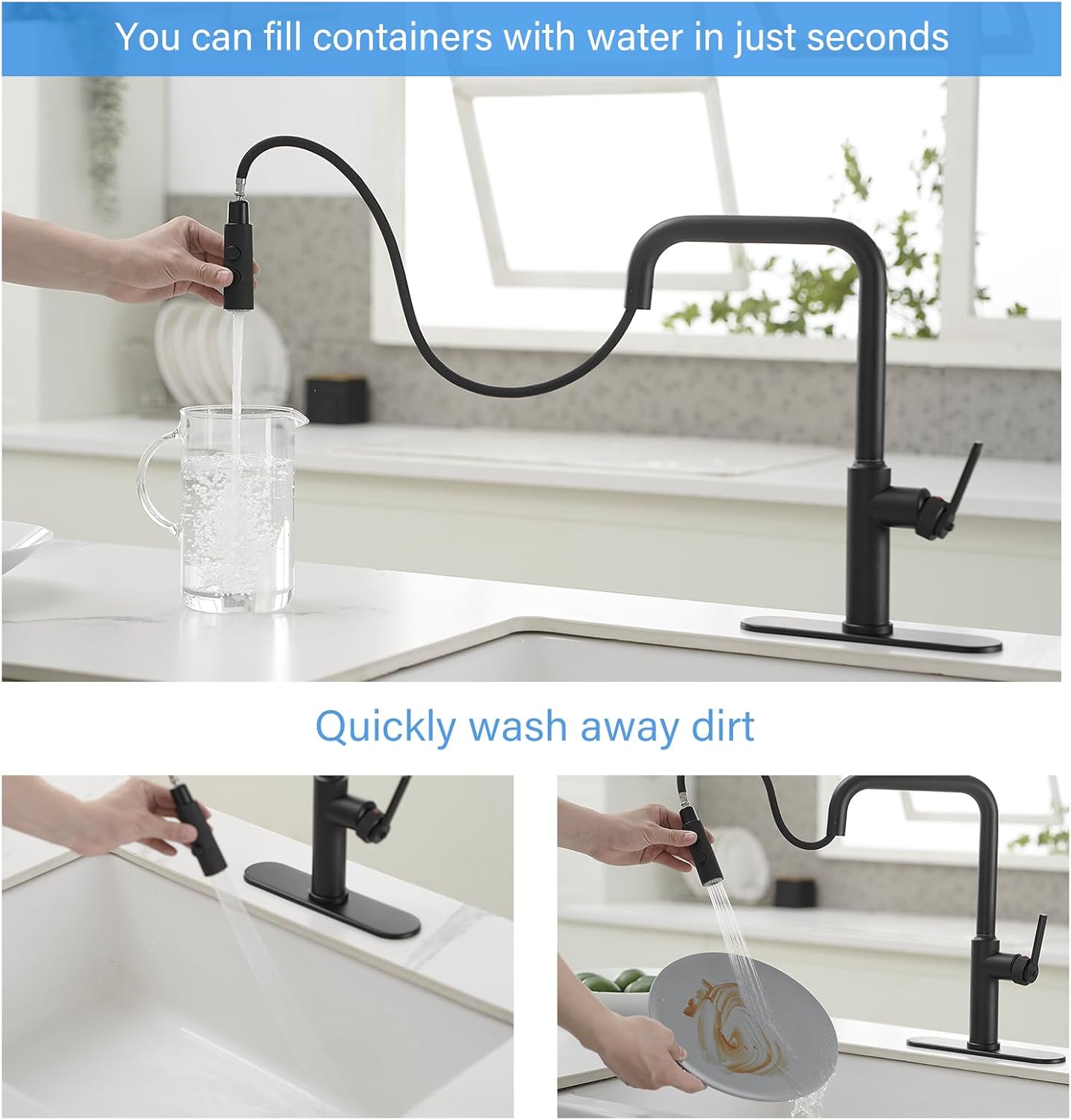 Homevacious Matte Black Kitchen Faucet Modern Single Handle Bar Faucet Single Hole High Arc 360°Swivel Spout Stainless Steel Utility Laundry Sink Faucet with Deck Plate