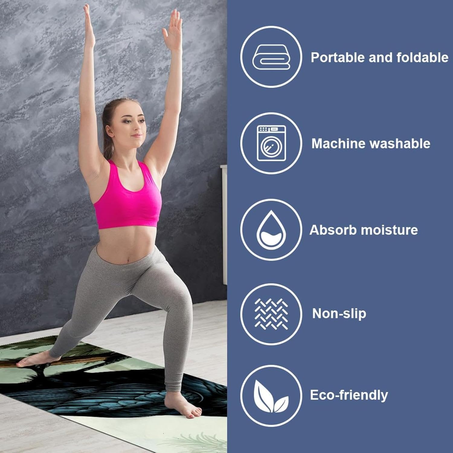 Yoga Towel, Black Crow Pattern Non Slip Sweat Absorbent Hot Yoga Mat Towel for Hot Yoga, Pilates and Fitness - 72.8" x 26.8"