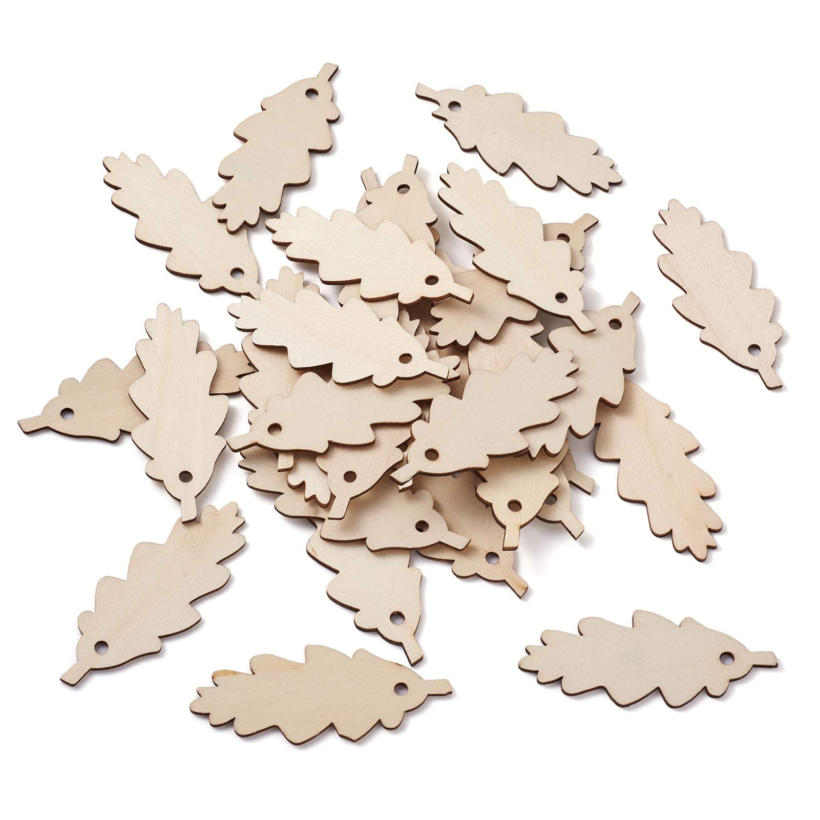 Cheriswelry 50pcs Unfinished Wooden Leaf Pendants Natural Wood Tree Leavse Branches Charms Dangles Cutouts for DIY Jewellery Crafts Making Hole:4mm