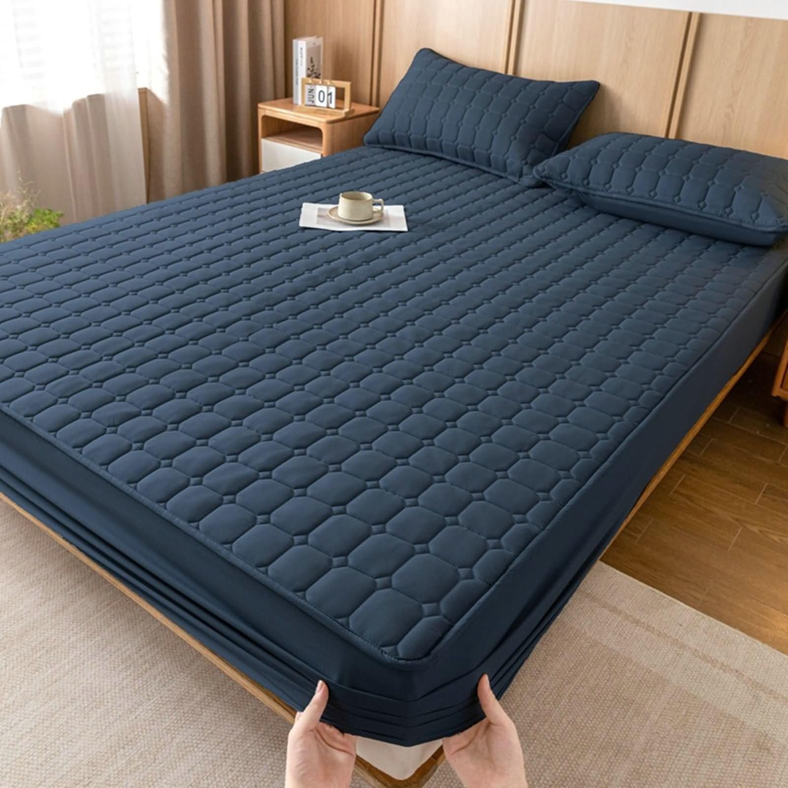 Sábanas Ajustable Bajera Verano con 2 Almohadas,(120 x 200 x 28 cm),Sabanas Bajera Ajustable Color Sólido con Geométrico Sabana Bajera Cama Ajustable Azul Marino