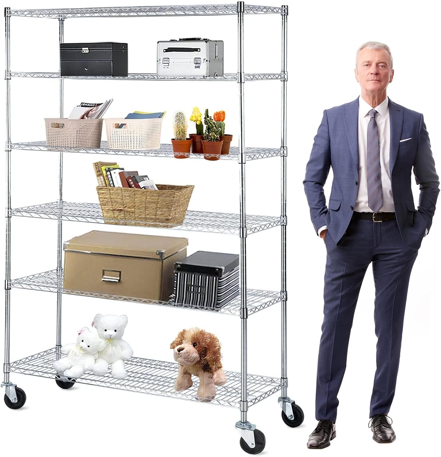 6 Tier Wire Shelving Rack,Steel Shelf 48 W x 18 D x 82 H Adjustable Storage System with Casters/Wheels and Feet Levelers,Garage Shelving Unit, Storage Shelving Rack,Kitchen/Office Rack (Chrome)