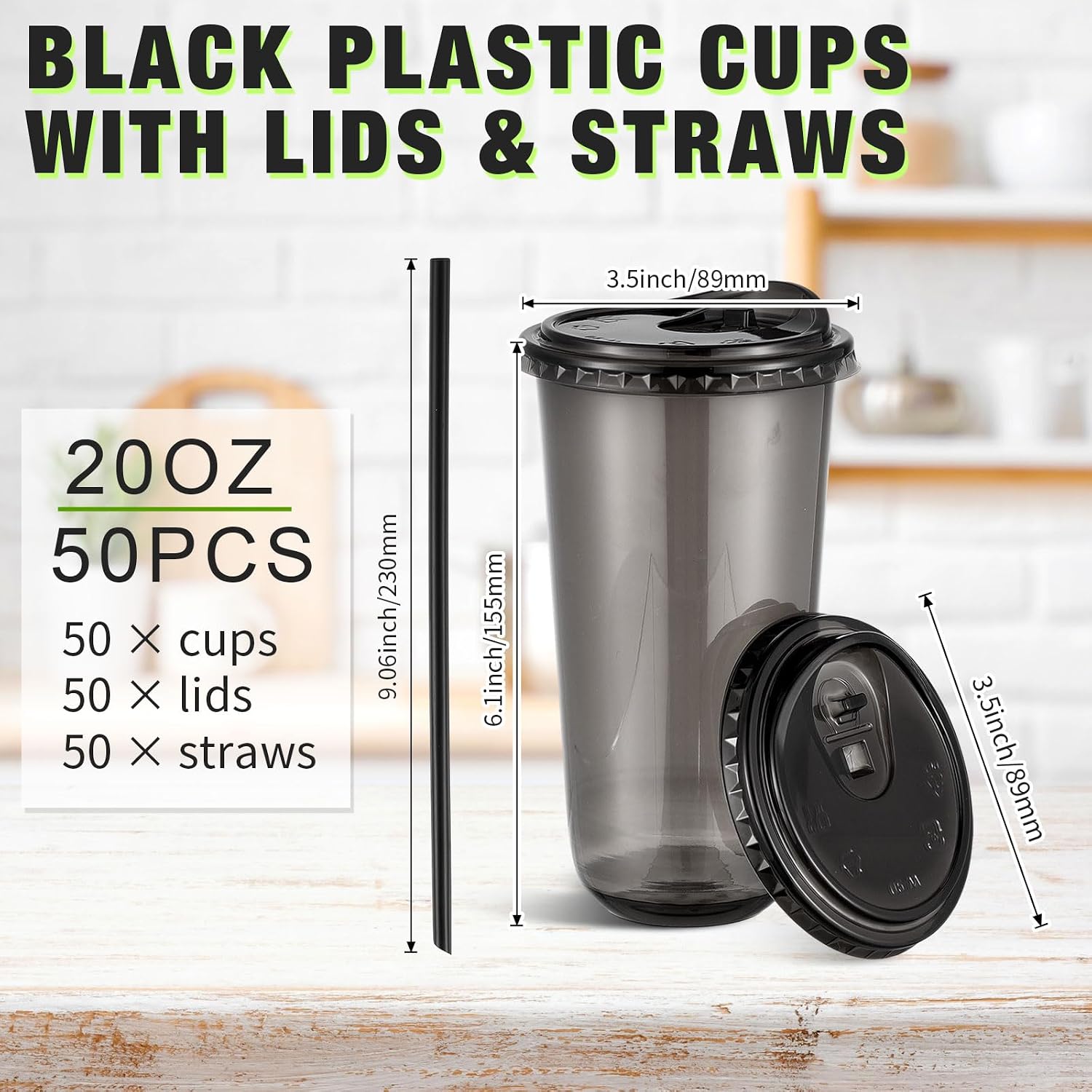 Ziliny 50 Pack 20oz Black Plastic Cups with Lids Straws for Iced Drink image 3