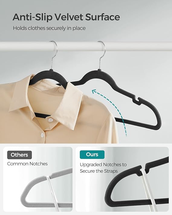 SONGMICS Velvet Hangers 10 Pack, Non-Slip Clothes Hangers with Shoulder Notches, Pants Bar, 360 Swivel Hook, Space-Saving, for Closet, Ink Black UCRF029B01