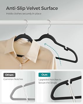 SONGMICS Velvet Hangers 10 Pack, Non-Slip Clothes Hangers with Shoulder Notches, Pants Bar, 360 Swivel Hook, Space-Saving, for Closet, Ink Black UCRF029B01