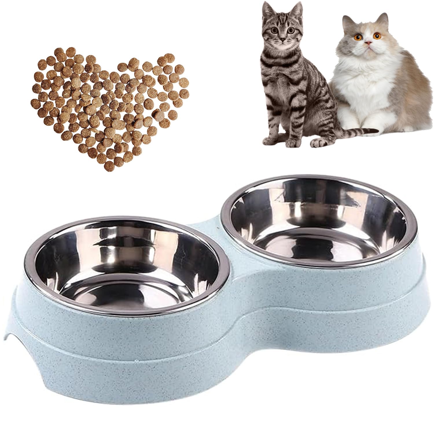 AKEISHE Double Cat Food Bowl -Stainless Steel Bowls with Easy-to-Clean Detachable Design, Non-Slip Base, Pet Feeder for Kittens and Medium Cats (Blue)