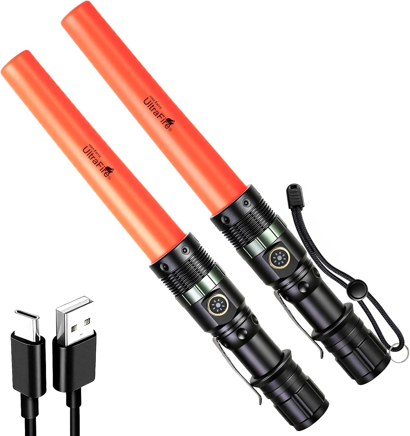 ULTRAFIRE Rechargeable Traffic Wand Flashlight, 11 Inch LED Bright Safety Light with Belt Clip, Zoomable Signal Light Stick for Traffic Control, Airport, Police, Security, Camping, UF-303X (2 Pack)