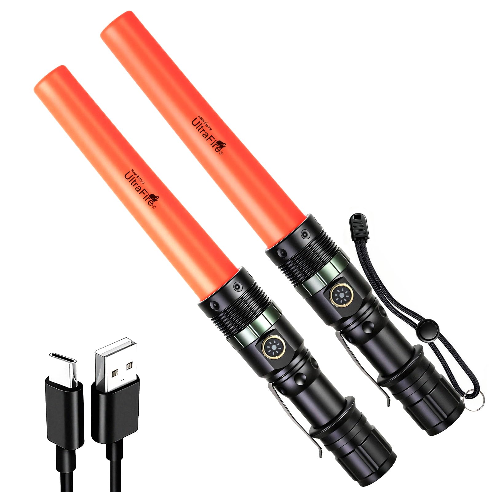 Ultrafire Black Rechargeable Traffic Wand Torch 2 Pack, 11 Inch Zoomable Bright Led Safety Signal Light, 3 Flashing Modes With Belt Clip For Traffic Control, Emergency, Parking, Police, Security, Uf-303X
