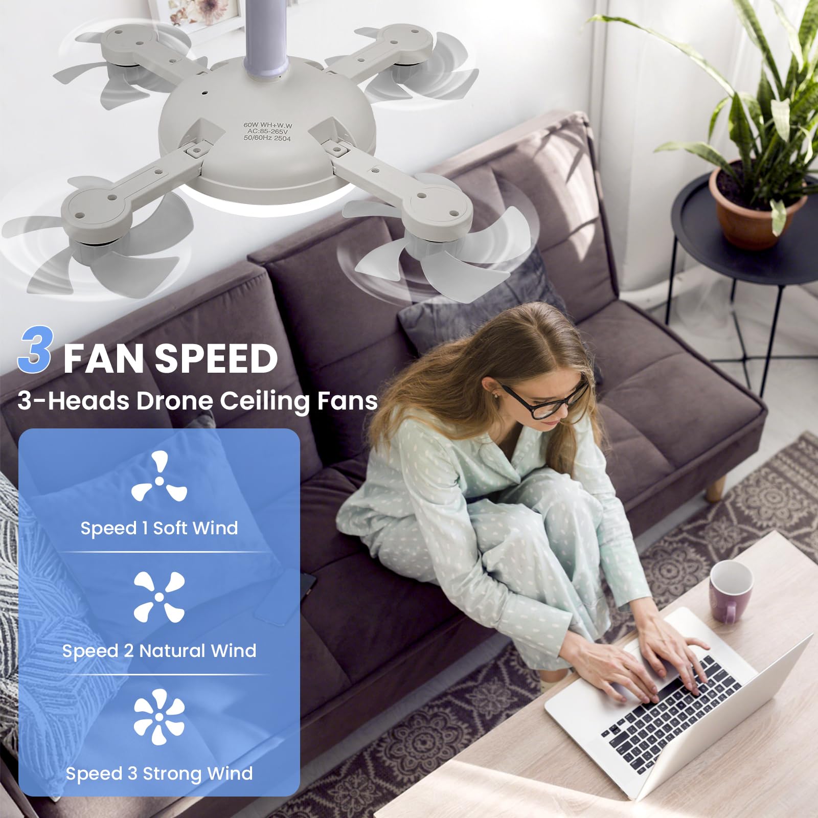 2026 Neu Drohnen Deckenventilator mit Beleuchtung und Fernbedienung, 3 Farbtemperatur 3 Geschwindigkeiten Deckenventilator mit Lampe, Fernbedienung Leise Dimmbar Ventilator Deckenlampe (4 Köpfe)